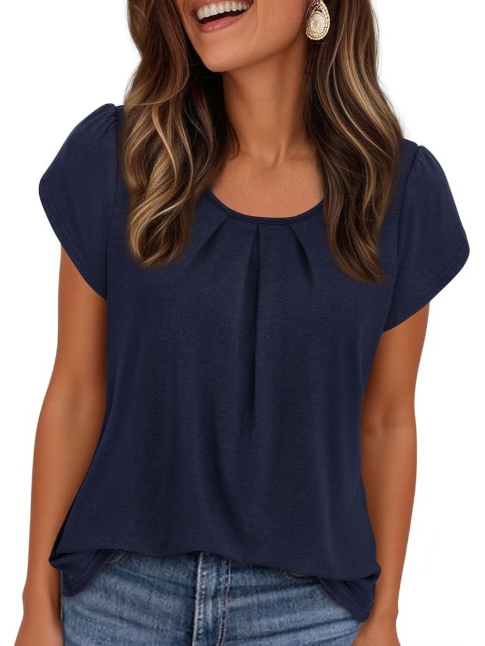 Women's Navy Blue Short Sleeve Pull On Crew Neck Casual Tops Imported T Shirts